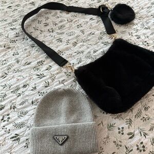 Fur Black Crossbody Bag and Paris Beanie Winter Bundle